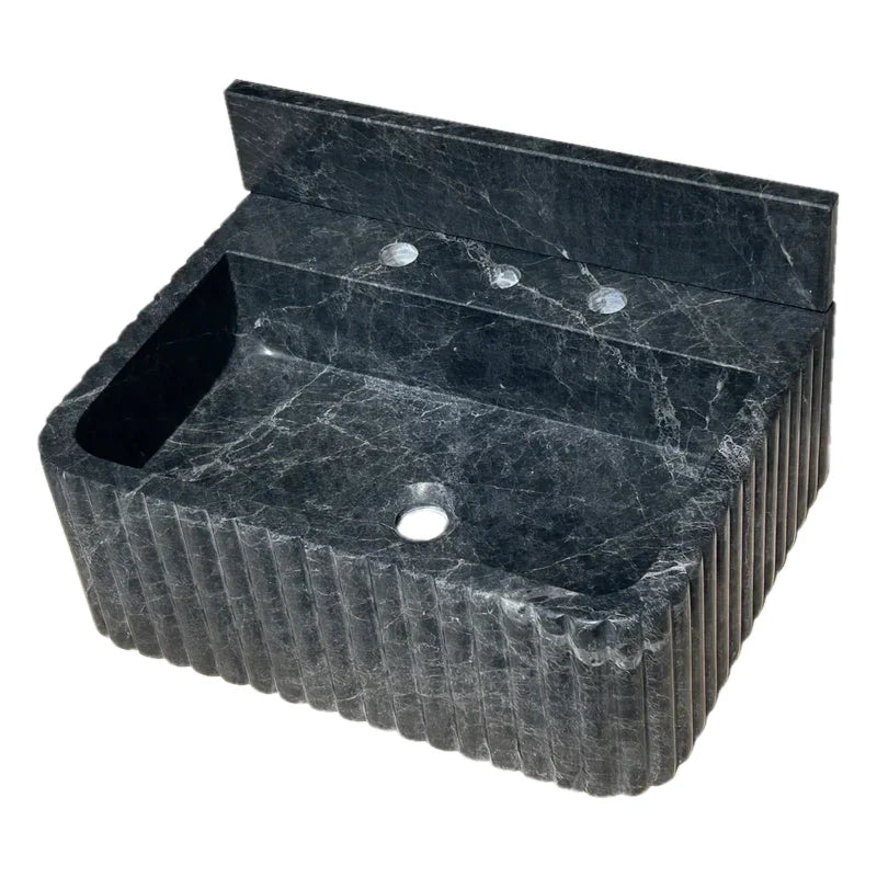 Sirius Black Marble Wall-mount Bathroom Sink Ribbed with 4" Backsplash