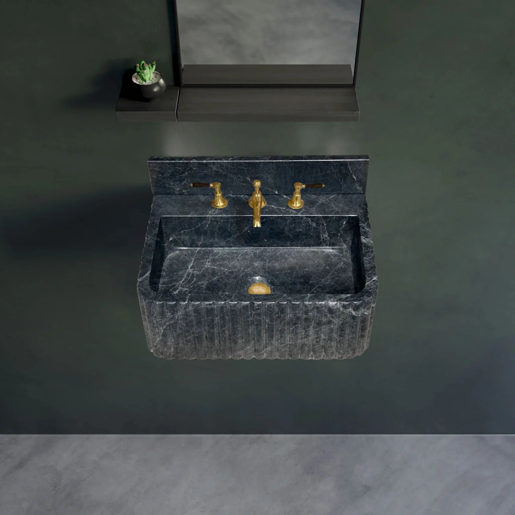 Sirius Black Marble Wall-mount Bathroom Sink Ribbed with 4" Backsplash
