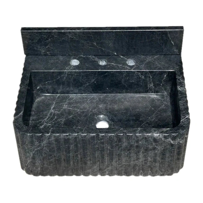 Sirius Black Marble Wall-mount Bathroom Sink Ribbed with 4" Backsplash