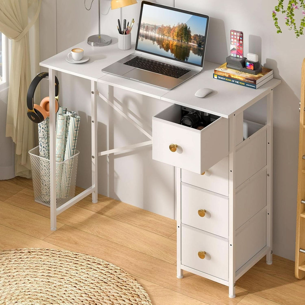 Small White Computer Desk With 4 Fabric Drawers 35 Inch