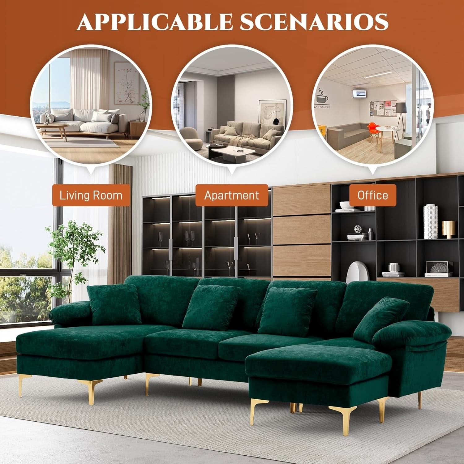 Emerald Green U-Shaped Sectional Sofa with Ottoman