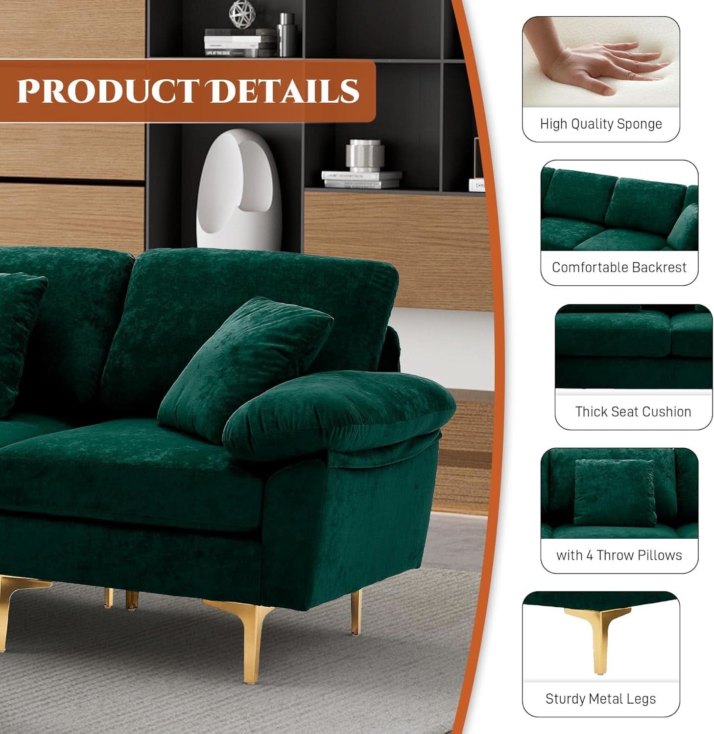 Emerald Green U-Shaped Sectional Sofa with Ottoman