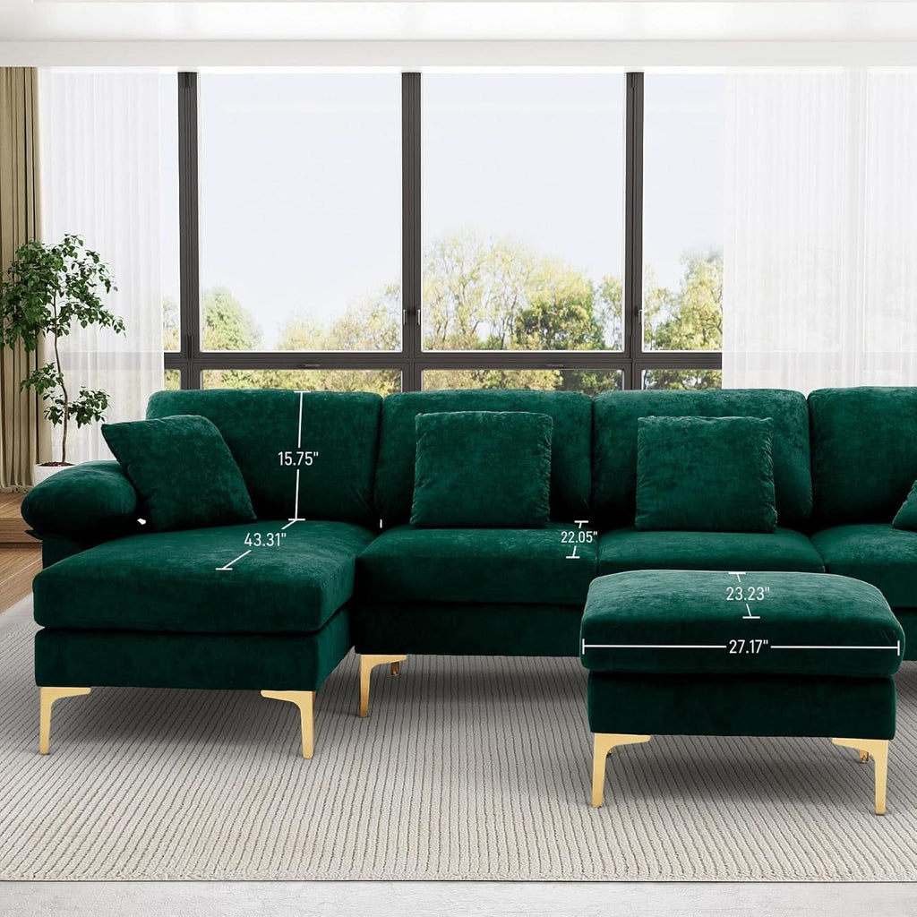 Emerald Green U-Shaped Sectional Sofa with Ottoman