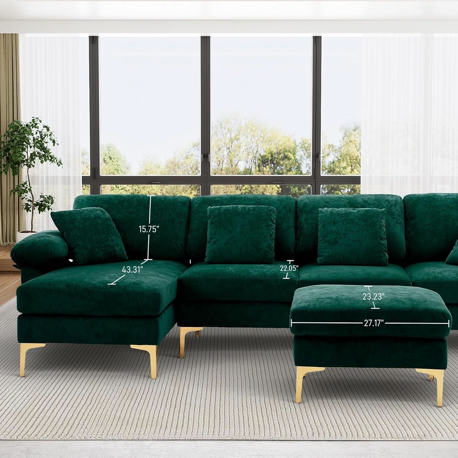 Emerald Green U-Shaped Sectional Sofa with Ottoman