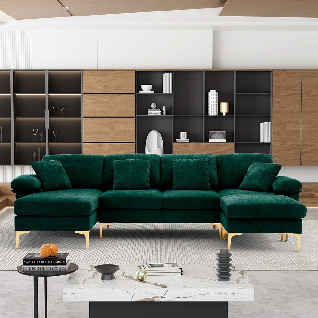 Emerald Green U-Shaped Sectional Sofa with Ottoman