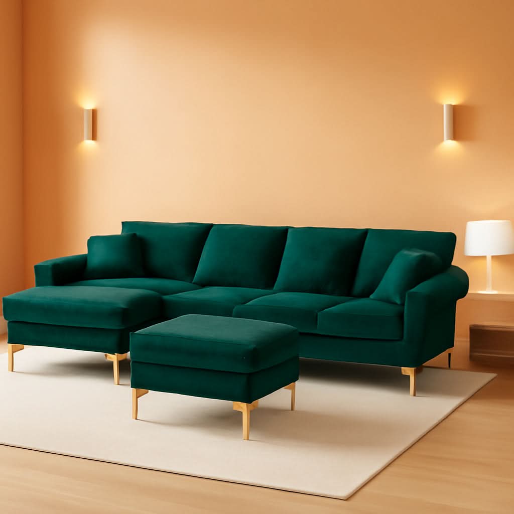 Emerald Green U-Shaped Sectional Sofa with Ottoman