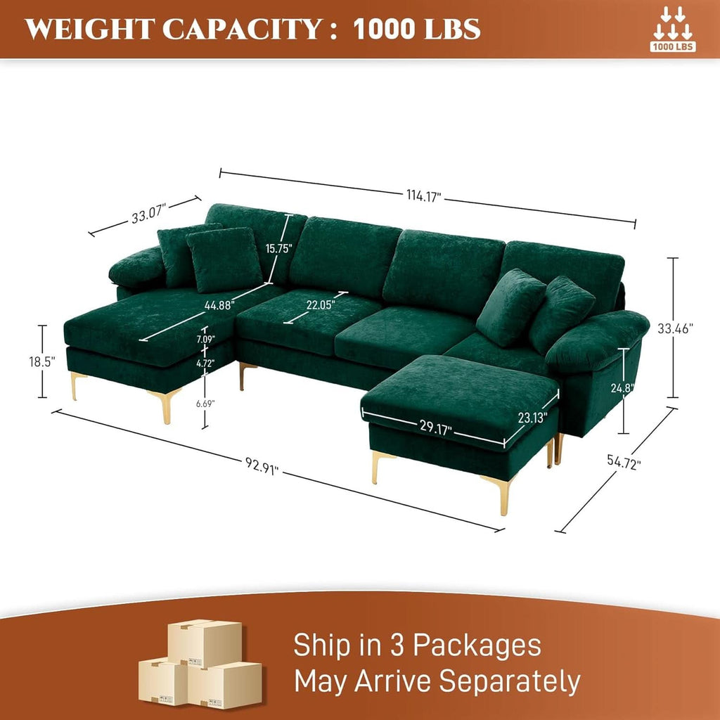 Emerald Green U-Shaped Sectional Sofa with Ottoman