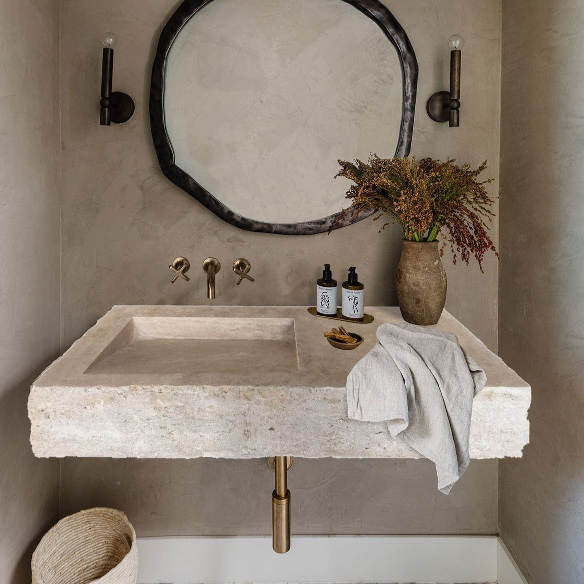 Troia Light Travertine Rustic Rectangular Wall-mount Bathroom Sink (W)16" (L)40" (H)8"