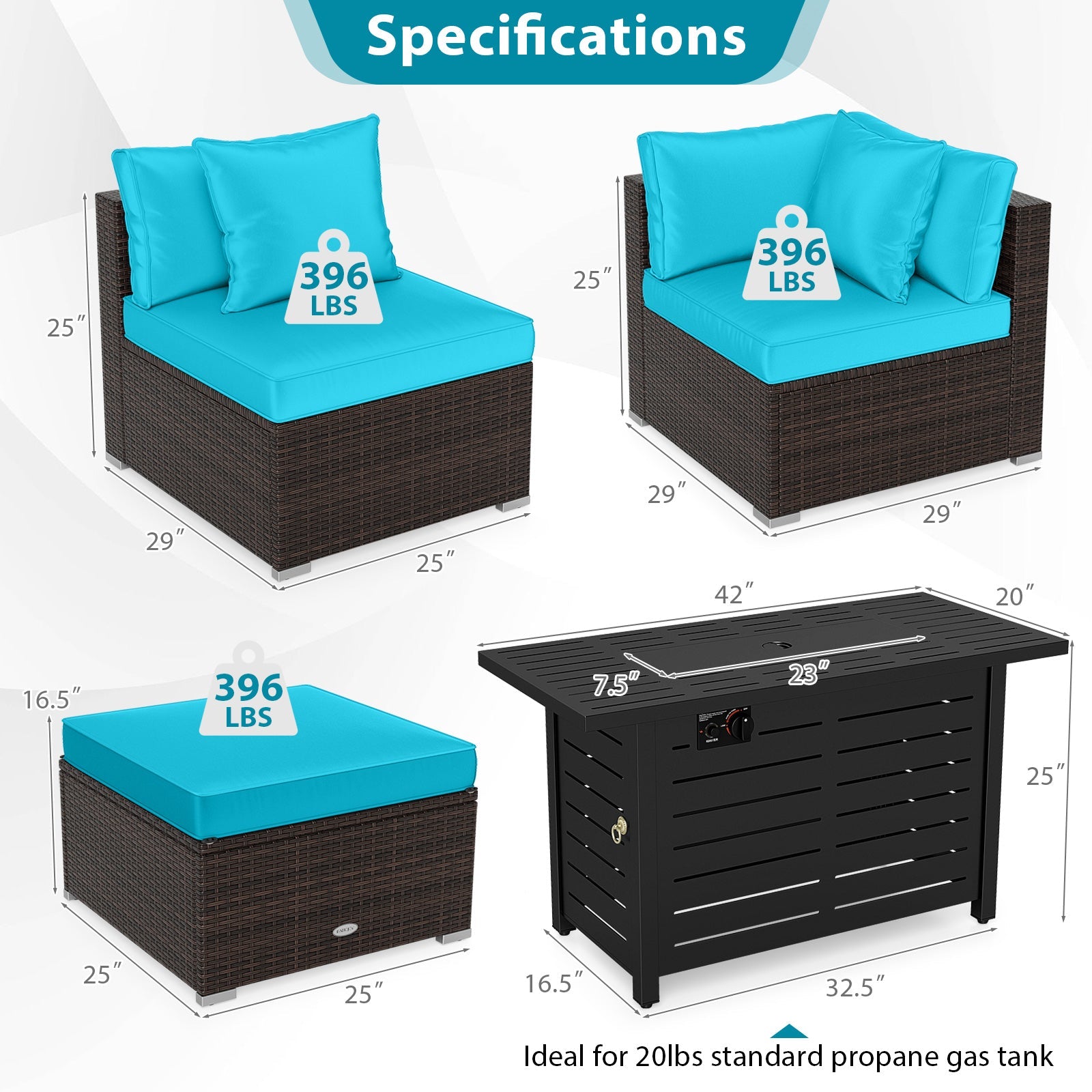 Heavy-duty Frame Rattan Sofa Set with 60000 BTU Firepit Table
